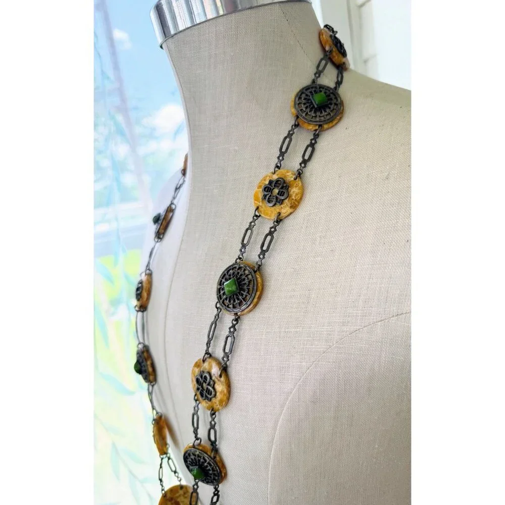 Antique 30's Celloid Circles Green Glass Silverplate women's Link Belt/Necklace - Picture 7 of 16